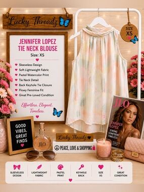Jennifer Lopez Pastel Watercolor Tie Neck Sleeveless Blouse - Multi